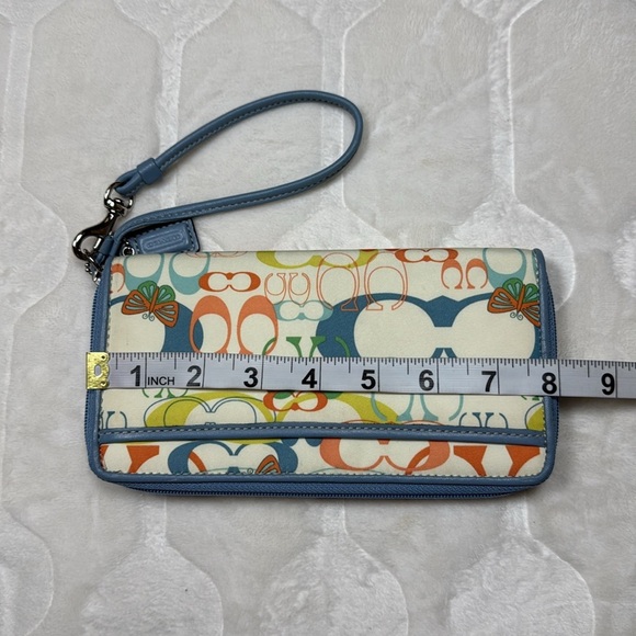 Coach Wristlet Wallet Multicolor Butterfly Print Canvas Blue Trim Zip Around - Picture 11 of 12